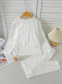 2pcs Tween Girls Simple Solid Color Jacquard Fabric Loungewear Set - Long Sleeve Top And Pants, Casual And Comfortable - White - View 2