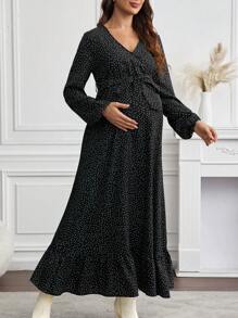 SHEIN V-Neck Allover Print Split Thigh Dress With Long Sleeves, Maternity Nursing Dress - Black - View 6