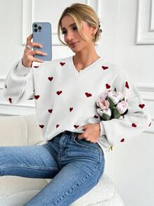 EURMUSE Heart Pattern Drop Shoulder Sweater - Beige - View 4