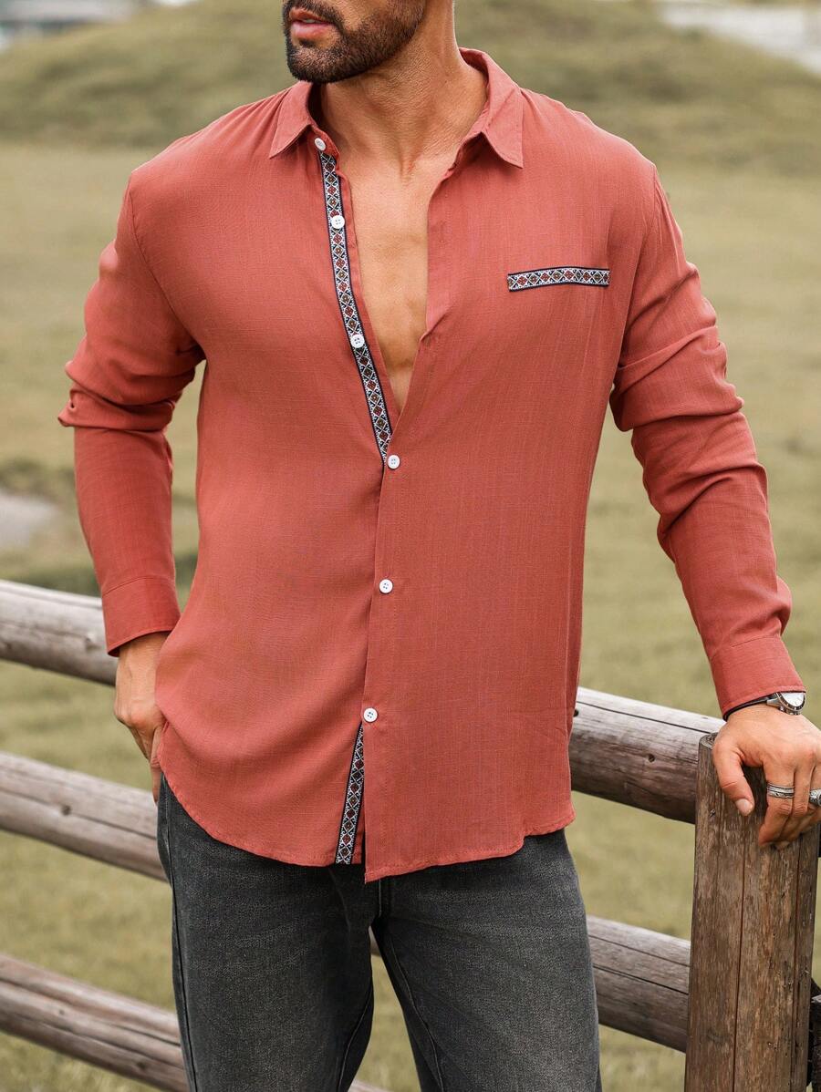 Manfinity Homme Men's Spring Summer Geometric Printed Casual Long Sleeve Shirt - Orange - View 1