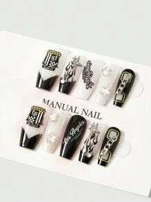 ROMWE 10pcs Long Artificial Nails, Handmade & Reusable, With Jelly Glue Included - Multicolor - View 3