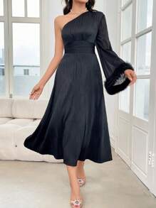 Modelyn 女式纯色纹理不对称领口单肩长裙、休闲度假、婚礼/场合礼服长款晚礼服 - 黑色 - 查看 2