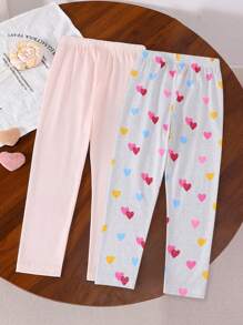 2pcs Young Girl "Brunch Girls" Cute Heart Print Casual Soft Fabric Leggings Outfit, Suitable For Daily Outing In Spring/Autumn