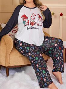 Santa Claus Knit Raglan Sleeve Long Sleeve Top & Pants Plus Size Pajama Set, For Christmas, Fall Winter Clothes - Multicolor - View 1