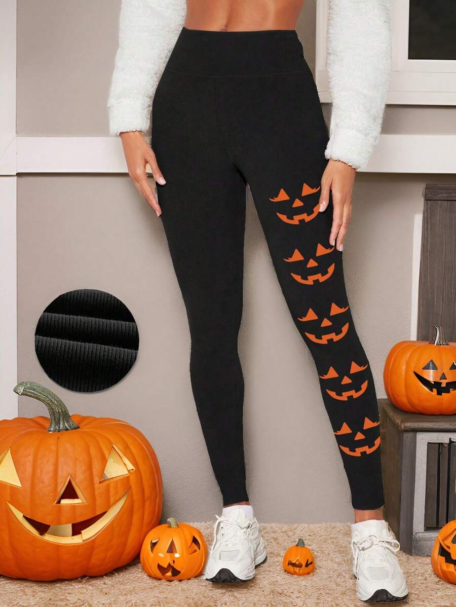 SHEIN EZwear Halloween Casual Plus Size Pumpkin Face Pattern Print Leggings Suitable For Autumn And Winter - Black - View 1