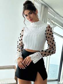 SHEIN Privé 女士休闲拼色圆点网眼蕾丝边针织毛衣，秋季