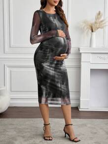 SHEIN 孕妇优雅扎染修身长袖连衣裙，修身连衣裙，秋季，孕妇装