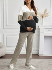 SHEIN 2pcs Maternity Plain Patchwork Long Sleeve Top And Pants Set - Khaki - View 3