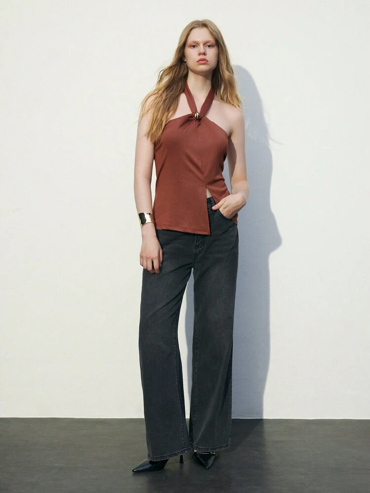 SHEIN Maija 여성용 Y2K 솔리드 스플릿 헴 할터 탑