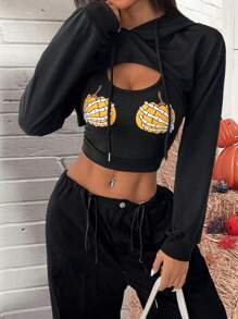 Chiquease 2 piezas Sudadera corta con capucha de manga larga con calavera y calabaza, sudadera informal de otoño - Negro - Ver 5