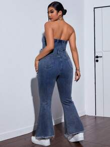 SHEIN ICON Plus Size Summer Casual Frayed Flare Denim Jumpsuit