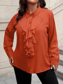 SHEIN Clasi Plus Size Women Spring/Autumn Solid Color Long Sleeve Ruffle Hem Elegant Blouse Women Shirt - Orange - View 5