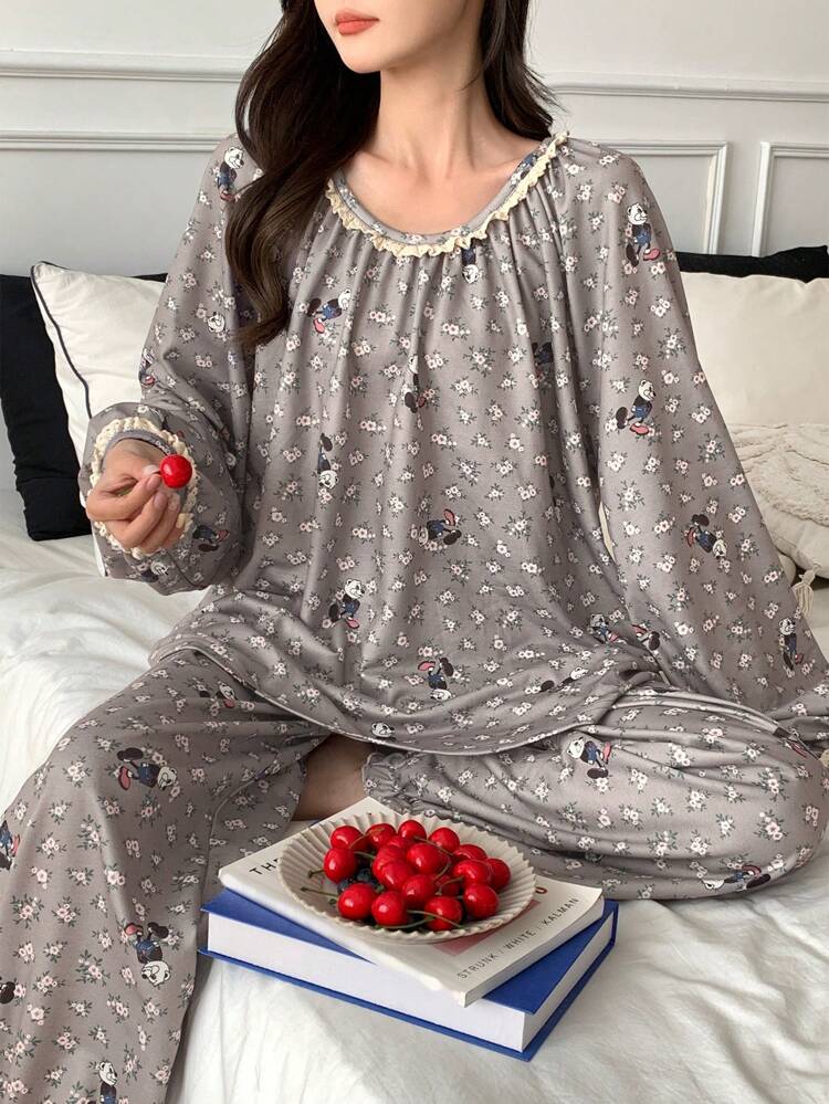 Women's Loose Floral & Cartoon Print Frill Collar Long Sleeve Pajama Set