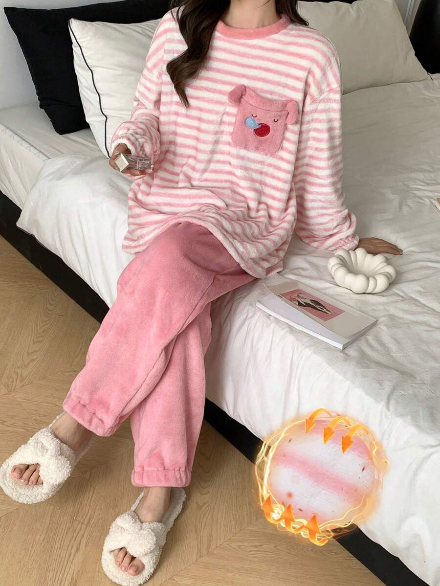 DAZY 条纹3D可爱卡通口袋宽松上衣和纯色法兰绒保暖睡裤两件套睡衣，冬季保暖内衬 - 粉色 - 查看 1