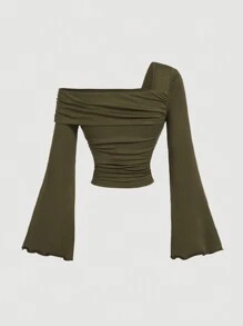 SHEIN MOD 女士橄榄绿不对称领口褶皱喇叭袖 T 恤，机场女士服装，女士长袖，外出服装，冬季女装，露肩 T 恤，秋季女装，舒适 T 恤 - 軍綠色 - 查看 2