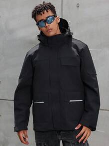 Manfinity Homme Chaqueta con capucha informal para hombres, de primavera y otoño, con bolsillos dobles, ropa de hombre de otoño, chaqueta de hombre de invierno, chaqueta abrigada - Negro - Ver 1