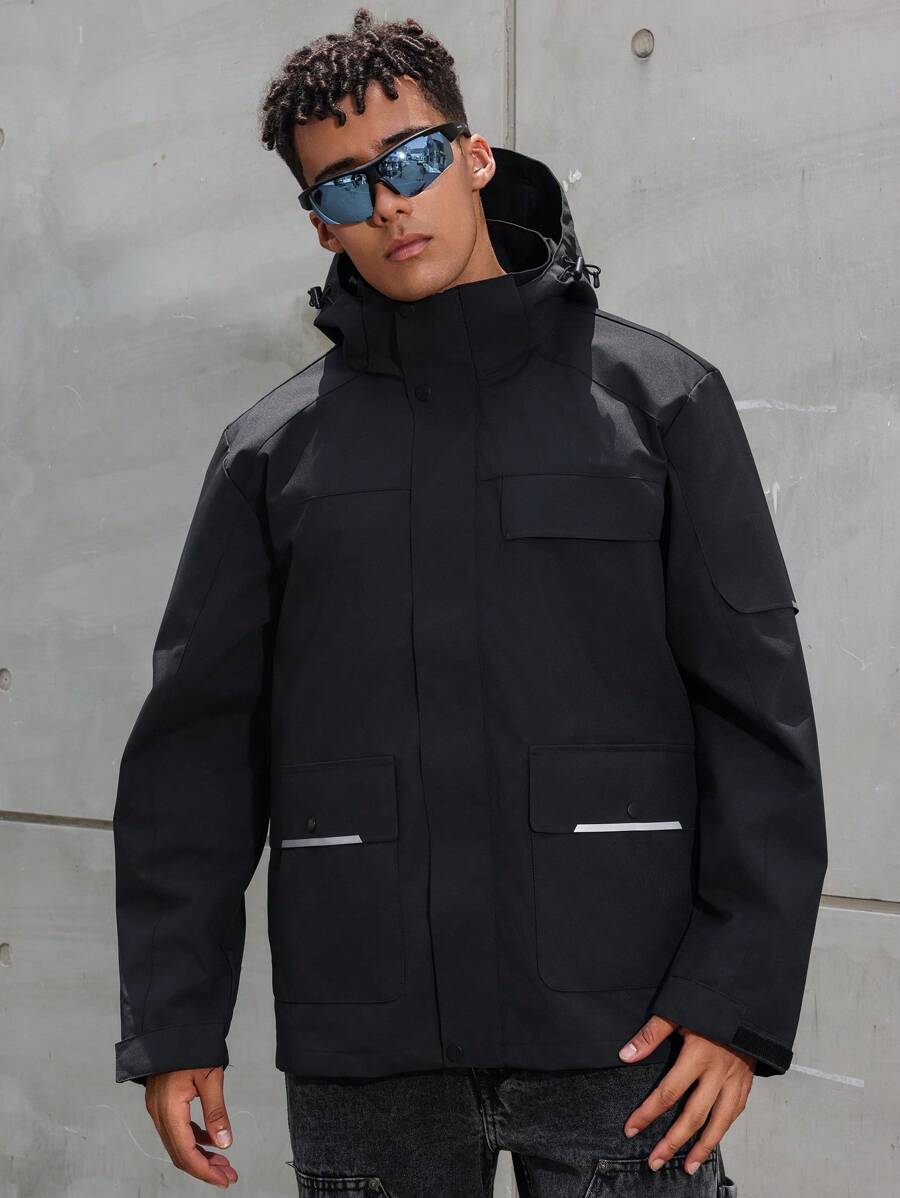 Manfinity Homme Chaqueta con capucha informal para hombres, de primavera y otoño, con bolsillos dobles, ropa de hombre de otoño, chaqueta de hombre de invierno, chaqueta abrigada - Negro - Ver 1