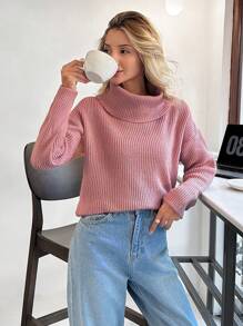 EURMUSE Áo len cổ lọ thả vai bằng sợi chải kỹ dành cho nữ - Hồng - Xem 4