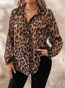 EMERY ROSE Plus Size Casual Leopard Print Shirt, Autumn Fall Cloth For Women