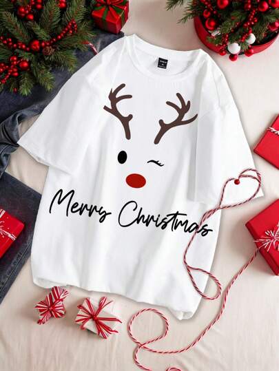 SHEIN Essnce Maglietta a maniche corte con scollo rotondo e stampa di renne natalizie, taglie forti, vestibilità morbida e casual adatta per l'estate