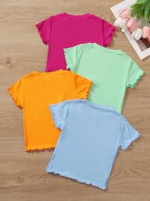 SHEIN Elladie kids 4pcs/Set Young Girl's Solid Color Round Neck Short Sleeve Ruffle Casual T-Shirt, Summer Summer Holiday - Multicolor - View 2