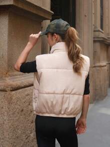 SHEIN Teen Girl Fashion Cropped Puffer Jacket With Stand Collar And Zipper, Autumn - Beige - View 2