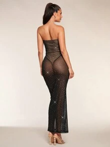 Glamine 女式修身透视露肩鱼骨紧身连衣裙、水钻连衣裙、紧身连衣裙、派对女士连衣裙、亮片连衣裙、性感黑色紧身连衣裙、黑色紧身连衣裙、性感万圣节服装、音乐会服装、迪斯科连衣裙超长女士服装