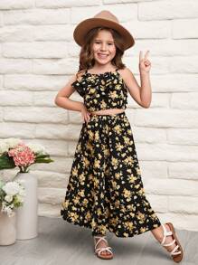 SHEIN Chica Joven Top De Tirantes Con Estampado Floral & Falda Con Dobladillo Con Volantes