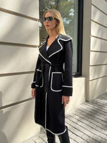 SHEIN Essnce Autumn Windbreaker Jacket, Double-Sided Color Block Shell Embroidery, Belted Waist Windbreaker Jacket, Large Lapel Loose Long Women's Jacket, Black Jacket, Winter Clothing, Street Wear, Jacket, Black Long Sleeve Top, Concert Outfits - Black - View 7