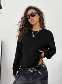 SHEIN EZwear Áo nỉ thường ngày trễ vai màu trơn cho nữ, Thu/Đông - màu đen - Xem 1