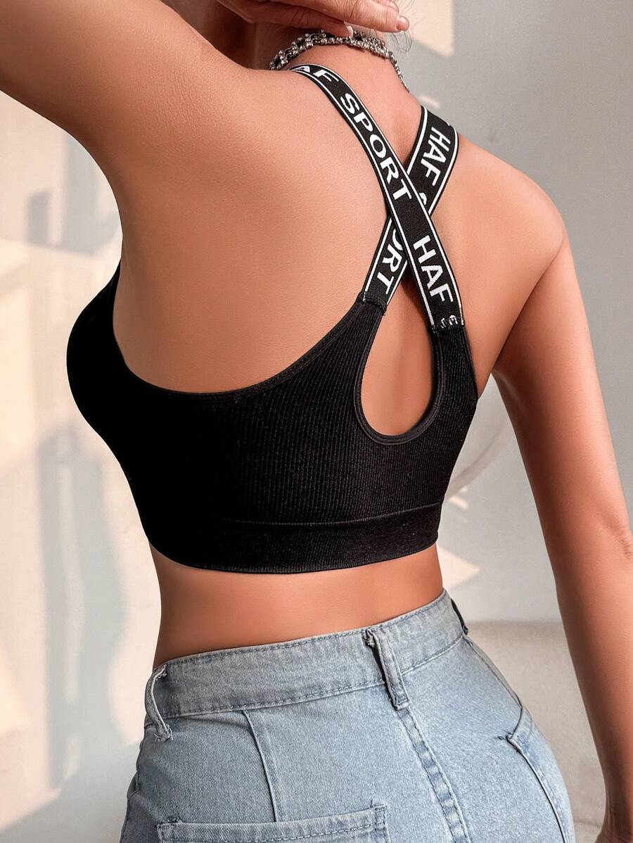 2 件/套女士交叉肩带运动文胸，带可拆卸垫 - Racerback 无钢圈字母印花短款上衣 - 彩色 - 查看 1