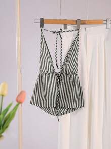 SHEIN Unity 女士夏季休闲条纹挂脖式裹身背心图案 T 恤女士上衣 - 黑與白 - 查看 6