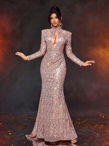 SHEIN Belle Elegant And Gorgeous Champagne Color Bright Sequins High Collar Chest Water Drop Hollow Long Sleeve Fishtail Type Gathered Hem Trailing Party Dinner Formal Evening Dress, Prom Gown, For Wedding Guest, Graduation