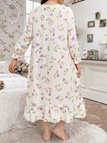 CottageSlumber 加大码印花蕾丝边V领开襟睡裙，Moo Moo品牌，舒适优雅细节，秋冬款 - 杏色 - 查看 2