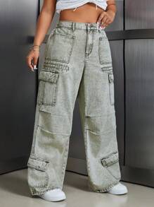 SHEIN ICON Plus Size Washed Wide-Leg Cargo Denim Boyfriend Jeans - Green - View 6