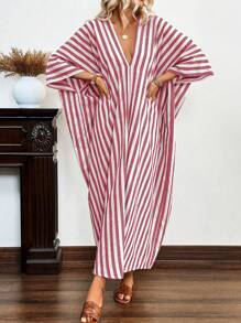 SHEIN LUNE 女士夏季 V 领蝙蝠袖宽松直筒休闲条纹连衣裙 - 紅色 - 查看 6