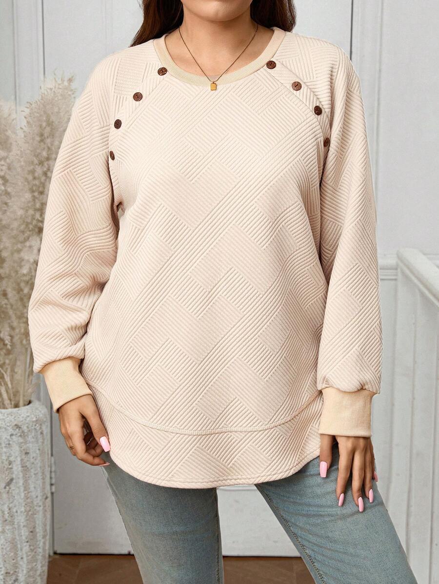 SHEIN LUNE 加大码纽扣细节插肩袖运动衫，适合日常穿着，适合秋冬季旅行装，机场感恩节装，休闲日常装，必备节日装