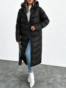 SHEIN Tall Women's Long Hoodie Puffer Padded Coat Double-Sided Zipper With Different Quilting Patterns - Black - View 5