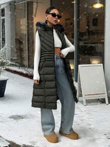 EURMUSE Fur And Zipper Added Padded Long Vest - Army Green - View 6