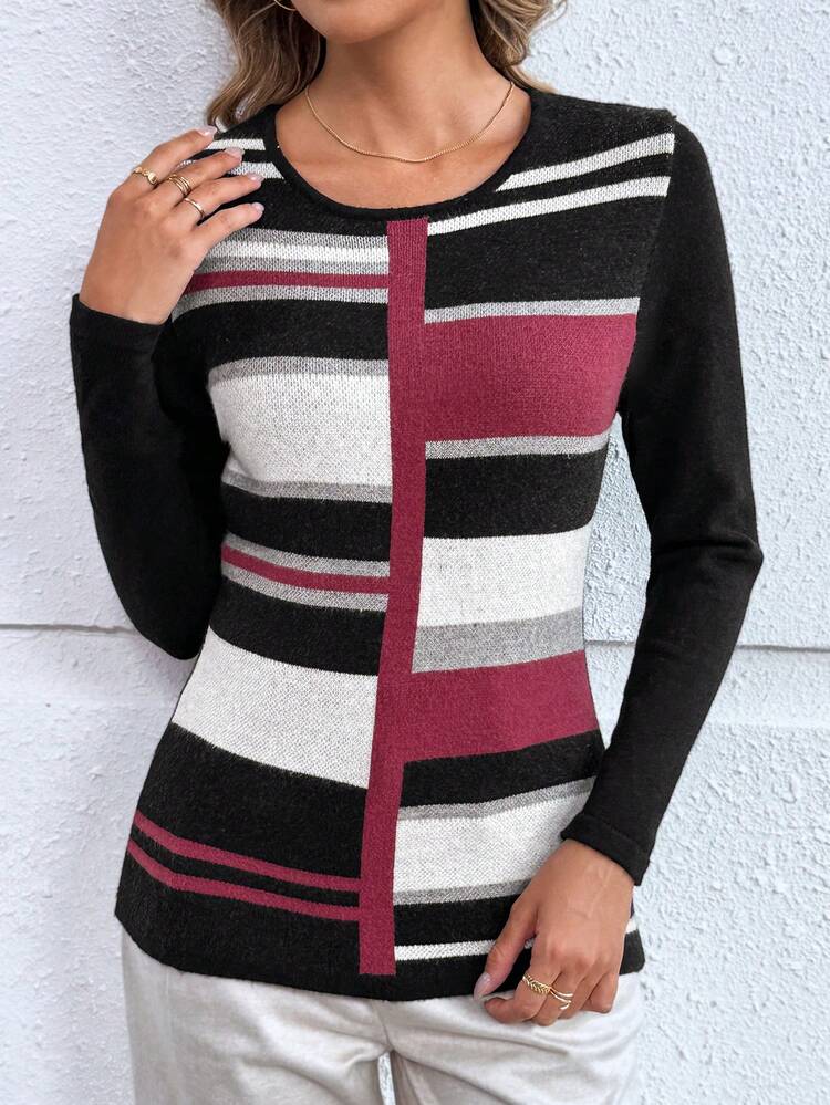 Women's Slim Fit Color Block Long Sleeve Crew Neck Sweater, Autumn/Winter