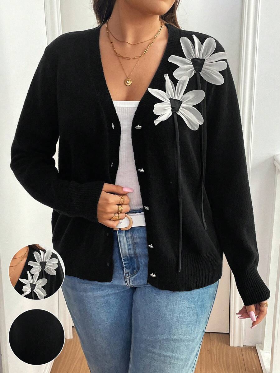 SHEIN Franclia 秋冬季大码休闲 3D 花卉装饰开衫 - 黑色 - 查看 1