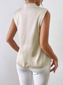 Chiquease Áo cánh tối giản không tay bằng vải satin trơn màu - Màu be - Xem 2