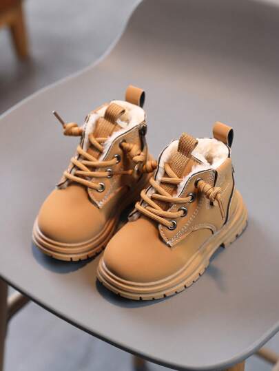 (Autumn/Winter) Kids Boots, Thick Fluffy-Lined Casual Boys Yellow Mid-Calf Boots, Round Toe Toddler/Little Kid Shoes