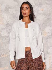 Glamine Women's Oversized Round Neck Embroidered Cardigan - White - View 3