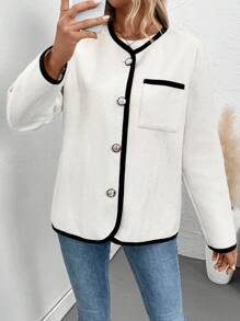 Chiquease Chaqueta tipo cárdigan de botón con bolsillo y ribete de contraste blanco para mujer, otoño - Blanco - Ver 4
