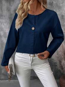 EMERY ROSE Women's Casual Solid Long Sleeve Blouse, Spring Autumn