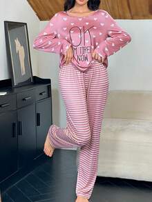 Bộ 2 áo dài tay in hình trái tim và chữ cho nữ và quần ngủ kẻ sọc - Hồng - Xem 4