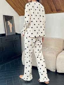 2 件套心形印花长袖上衣和长裤睡衣带荷叶边 - 杏色 - 查看 5