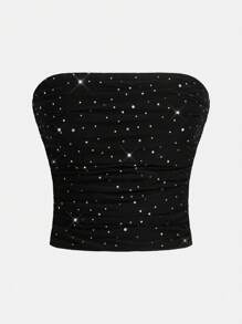 SHEIN Essnce Top con corset negro para mujer, básica con fruncido y decorada con rhinestones, top tubo para uso casual diario, salir, fiestas y eventos - Negro - Ver 1