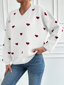 EURMUSE Heart Pattern Drop Shoulder Sweater - Beige - View 3